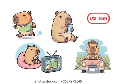 cute capybara clip art and vector for educational purposes, kind of activities such as jogging, watching tv, driving