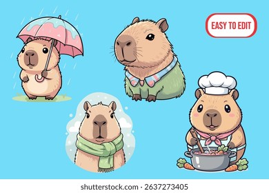 cute capybara clip art and vector for educational purposes, cute illustration of capybara activities