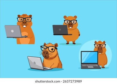 cute capybara clip art and vector for educational purposes, capybara works in front of laptop