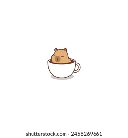 Cute capybara in coffee cup cartoon, vector illustration