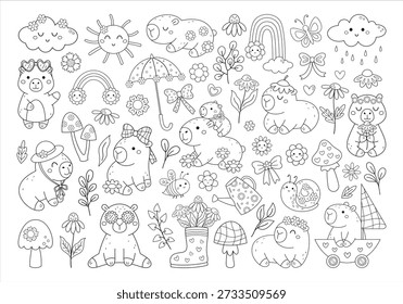 Cute capybara coloring page, Blooming spring outline, Summer season coloring for kids and adults, Garden animals doodle, Floral aesthetic.