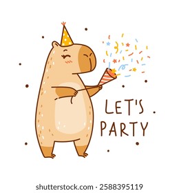 Cute сartoon capybara with confetti isolated on white background - funny animal for Your Birthday greeting card design