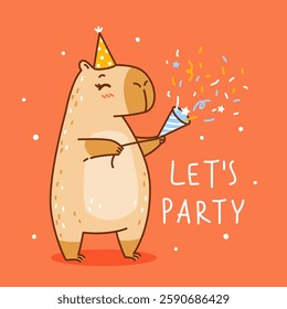 Cute сartoon capybara with confetti on red background - funny animal for Your Birthday greeting card design