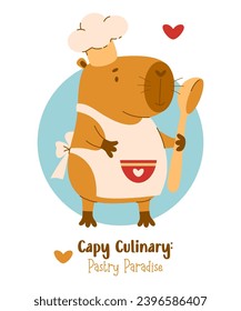 Cocina de capibara con cuchara. Carácter divertido de capibara. Ilustración vectorial en estilo plano. Tarjeta fría con roedor animal para tarjetas, diseño, impresión, colección infantil