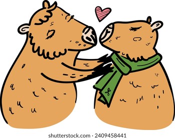 Cute Capybara Couple Kissing. Vector Illustration