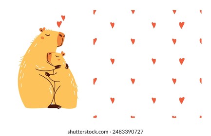 Cute capybara cuddling her baby, motherly love. Seamless vector pattern with hearts. SEt with parterre and accepted for printing 