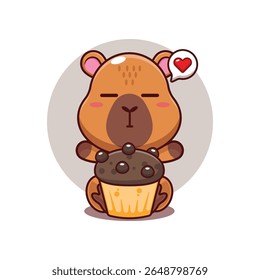 Capivara bonito com xícara bolo desenho animado vetor ilustração