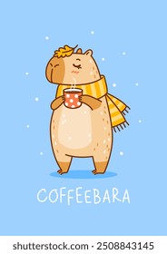 Cute сartoon capybara with cup of coffee - funny animal for Your cozy autumn design