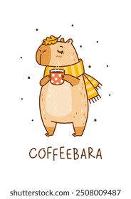 Cute сartoon capybara with cup of coffee isolated on white - funny animal for Your cozy autumn design