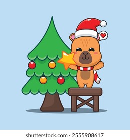 Cute capybara decorating the Christmas tree on Christmas day. Cartoon vector illustration in Christmas day.