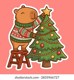 Cute Capybara Decorating Christmas Tree with Star and Ornaments Cute Illustration