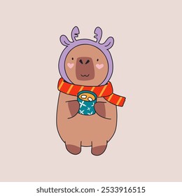 Capivara bonita no chapéu de veado bebe chocolate quente. Ilustração vetorial na moda.