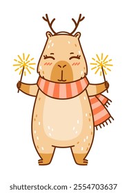 Cute сartoon capybara with deer horns and sparkles isolated on white - funny animal for Your Christmas happy winter holidays design