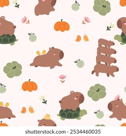  Capivara bonito em diferentes poses ilustração caroon, padrão sem costura ilustração Vetor com capivara, frango pequeno, frutas e abóboras, padrão de animais bonitos. 