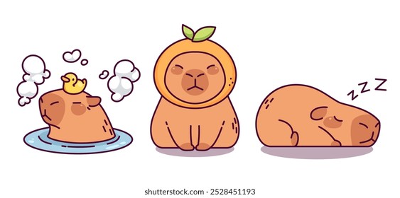 Cute capybara in different poses. Cartoon vector set of capibara lying and sleeping, sitting with orange hat on head, taking bath in water with foam and rubber duck toy. Funny rodent animal character.