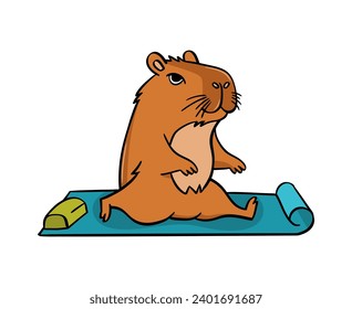 Un bonito capibara hace yoga en una alfombra. Estilo plano vectorial