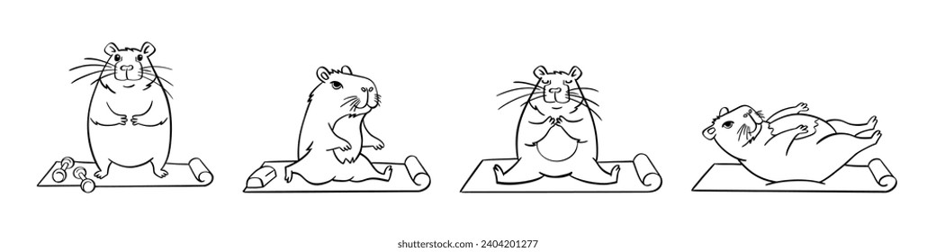 A cute capybara does yoga. Vector illustration hand drawn. For coloring books, postcards, templates.