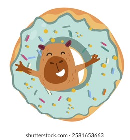 Cute capybara with donut. Funny animal capibara character rodent for cards, design, print, kids collection. Hand drawn Vector illustration.

