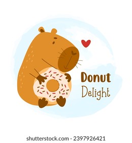 Cute capybara with donut. Vector illustration. Funny animal capibara character rodent for cards, design, print, kids collection