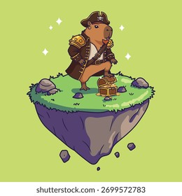 Lindo capibara vestido como pirata de pie en la isla flotante con cofre del tesoro - Ilustración vectorial caprichosa para temas de fantasía y aventuras