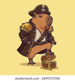 Lindo Capybara vestido como pirata con espada y cofre del tesoro – Ilustración vectorial caprichosa para aventuras y temas de fantasía