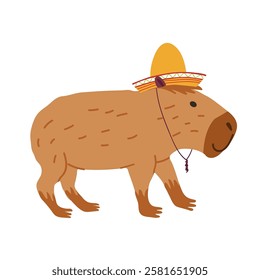 Cute capybara dressed in a vibrant sombrero isolated onwhite background. Hand drawn vector illustration. 