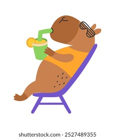 Lindo capibara con bebida en gafas de sol en la tumbona. Relájate. Divertido animal feliz. Vector a mano alzada plana ilustración aislada