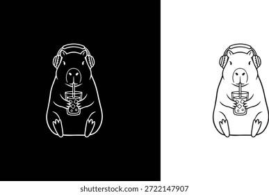 Cute Capybara Drinking Ice Tea wearing Headphones, Minimalist Line Art Illustration