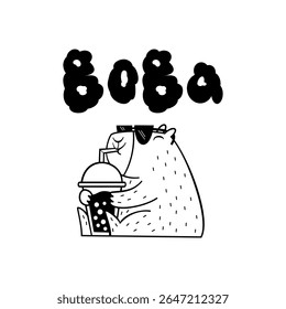 Capivara bonita bebe chá bolha. Ilustração vetorial desenhada à mão com texto boba.