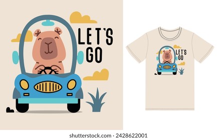 Cute capybara driving car illustration with tshirt design premium vector the Concept of Isolated Technology. Flat Cartoon Style Suitable for Landing Web Pages,T shirt, Flyers, Stickers