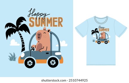 Cute capybara driving car illustration with tshirt design premium vector the Concept of Isolated Technology. Flat Cartoon Style Suitable for Landing Web Pages,T shirt, Flyers, Stickers