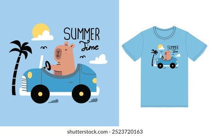 Cute capybara driving car illustration with tshirt design vector the Concept of Isolated Technology. Flat Cartoon Style Suitable for Landing Web Pages,T shirt, Flyers, Stickers