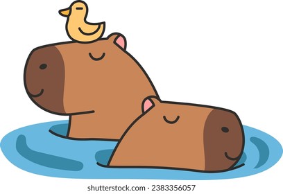 Chigüiro y pato en el agua. Ilustración vectorial.