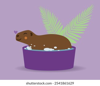 Capivara bonito durante o banho e lavagem com folhas e coração, ilustração de stock de vetor plano com caráter animal capivara