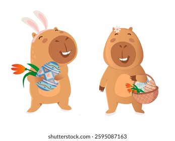 Cute capybara Easter set. Capybara with Easter eggs with basket, bunny ears and spring flowers. Easter kawaii cartoon characters