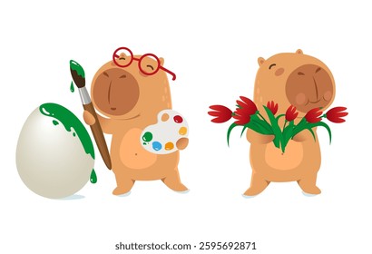 Cute capybara Easter set. Capybara with Easter eggs and spring flowers. Easter kawaii cartoon characters