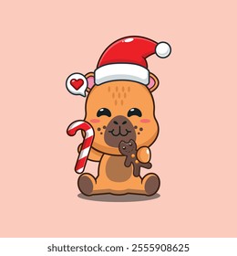 Cute capybara eating christmas cookies and candy. Cartoon vector illustration in Christmas day.