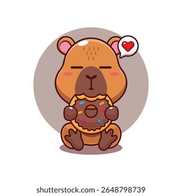 Capivara bonito comendo donut desenho animado vetor ilustração