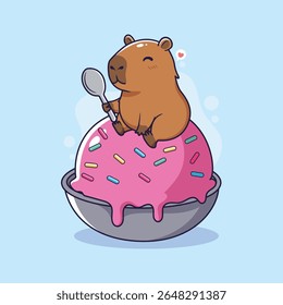 Capivara bonita comendo sorvete em uma tigela. Ilustração vetorial.