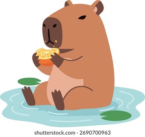 Un bonito capibara comiendo una mandarina