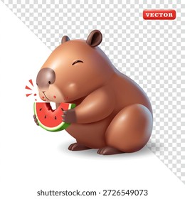 Cute capybara eating watermelon, 3D vector. Suitable for design elements