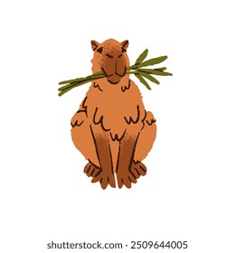 Cute capybara eats green branch. Funny capibara holds twig of plant in mouth. Amusing rodent with sprout with leaves. Happy animal with food. Flat isolated hand drawn vector illustration on white