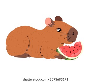 Cute capybara. Capybara eats juicy watermelon. Slices ripe watermelon. Funny flat animal. Kawaii hand drawn capibara print. 