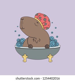 Cute capybara enjoying the bath. Funny animal character takes a bath.