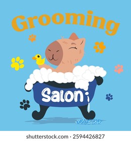 Cute capybara enjoying a bubble bath with a rubber duck in a grooming salon. Perfect for pet care branding, spa promotions, wellness designs, self-care campaigns, kids' prints, and cheerful home decor