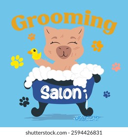 Cute capybara enjoying a bubble bath with a rubber duck in a grooming salon. Perfect for pet care branding, spa promotions, wellness designs, self-care campaigns, kids' prints, and cheerful home decor