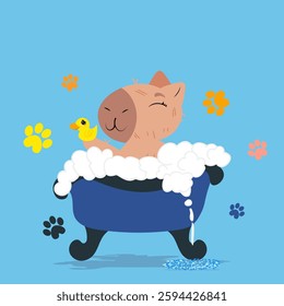 Cute capybara enjoying a bubble bath with a rubber duck in a grooming salon. Perfect for pet care branding, spa promotions, wellness designs, self-care campaigns, kids' prints, and cheerful home decor