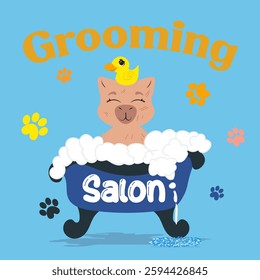 Cute capybara enjoying a bubble bath with a rubber duck in a grooming salon. Perfect for pet care branding, spa promotions, wellness designs, self-care campaigns, kids' prints, and cheerful home decor