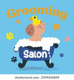 Cute capybara enjoying a bubble bath with a rubber duck in a grooming salon. Perfect for pet care branding, spa promotions, wellness designs, self-care campaigns, kids' prints, and cheerful home decor