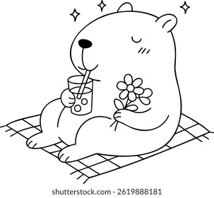 A Cute capybara enjoying drink and flower, radiating happiness and relaxation